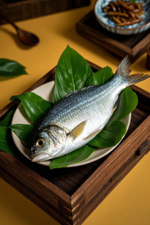 A fish in a plate A leaf in a plate Pictureの素材