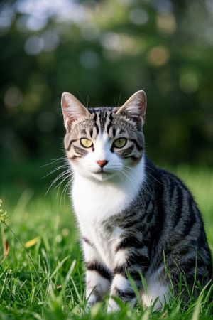 A cat sitting on the grass looking at the camera pictureの素材