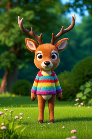 Picture of a cartoon deer standing in a field in a colorful sweaterの素材