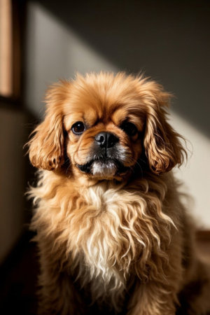 Looking at a picture of a dog sitting on the floor in the sunの素材