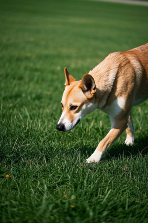 Picture of a dog walking on grass with a Frisbeeの素材