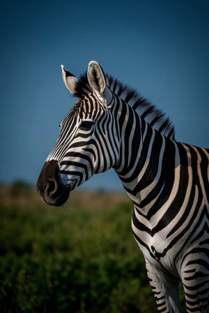 Zebra standing in a field in the blue sky Pictureの素材