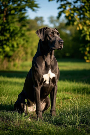 Dog sitting in the grass in the park Picturesの素材