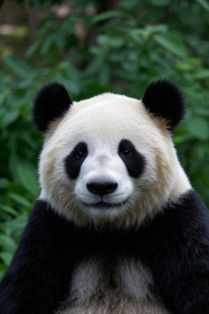 Panda sitting on a rock in front of the forest Pictureの素材