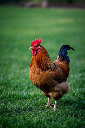 Picture of a rooster standing in the grass on the groundの素材