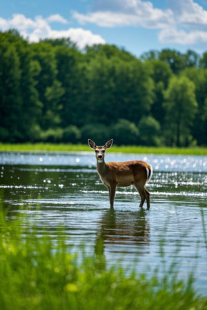 A deer stands in the water with a lot of water Pictureの素材