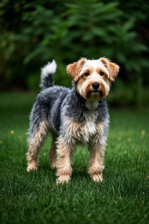 A puppy standing on the grass holding a picture of a Frisbeeの素材