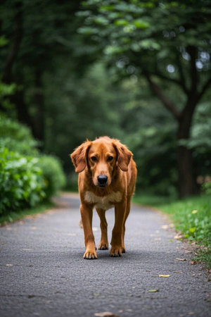 A dog walking on the road Imagesの素材