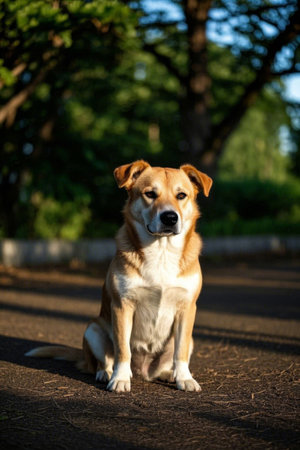 Picture of a dog sitting on the ground in the middle of the roadの素材