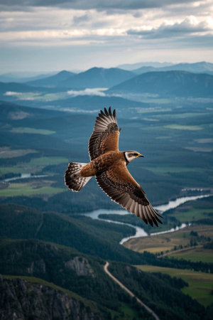 A bird is flying over the mountains Pictureの素材