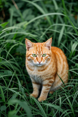 A cat stands on the grass looking at the camera pictureの素材