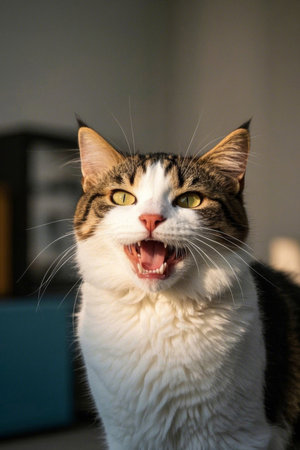 A cat sitting on the floor with its mouth open Pictureの素材
