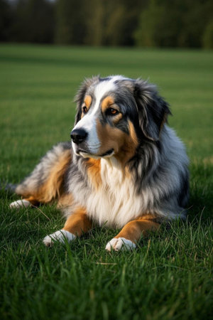 A dog lying on the grass Picturesの素材