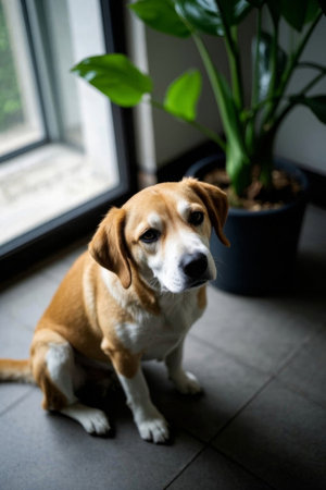 Picture of a dog sitting on the floor next to a potted plantの素材