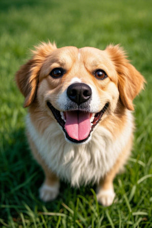 Picture of a dog sitting on the grass with his tongue outの素材