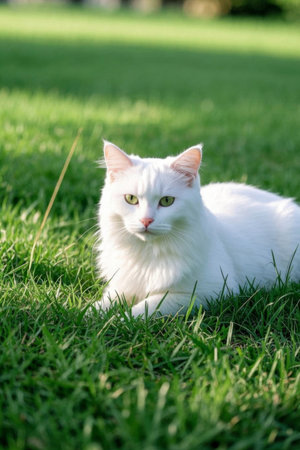 Picture of a white cat lying in the grassの素材