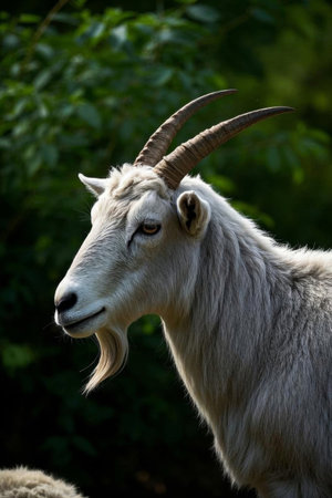 Picture of a longhorn goat standing in front of a bushの素材
