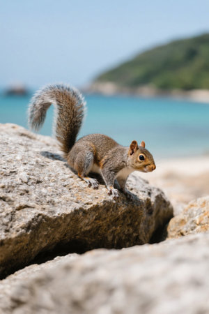 Picture of a squirrel sitting on a rock near the waterの素材