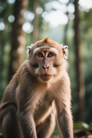 Picture of a monkey sitting on a rock in the woodsの素材