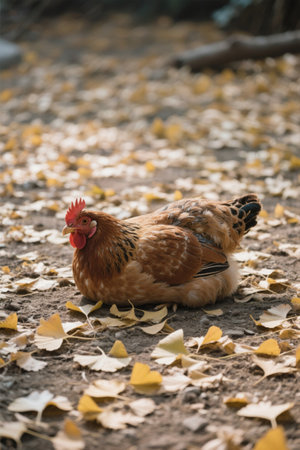 A chicken lying on the ground Pictureの素材