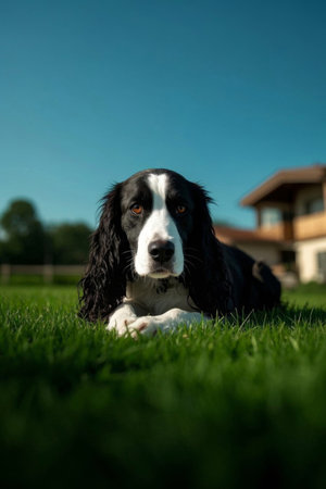 A dog lying on the grass Picturesの素材