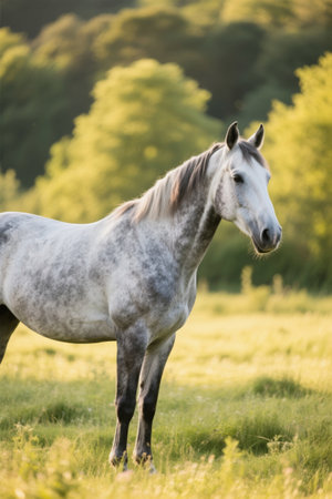 Picture of a horse standing on a grassy field treeの素材