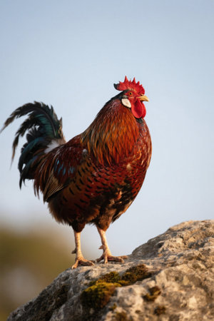 A rooster standing on a rock Blue sky Pictureの素材