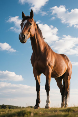 Picture of a horse standing in a field in the blue skyの素材