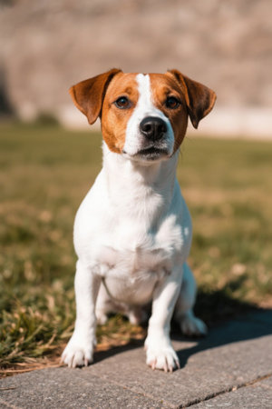 Picture of a puppy sitting on the sidewalk in a grassy areaの素材
