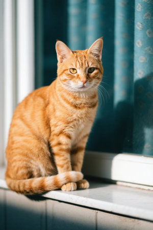 A cat sitting on a window sill looking out the pictureの素材