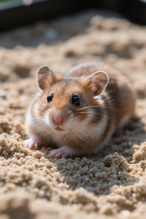 Picture of a little hamster sitting in the sandの素材