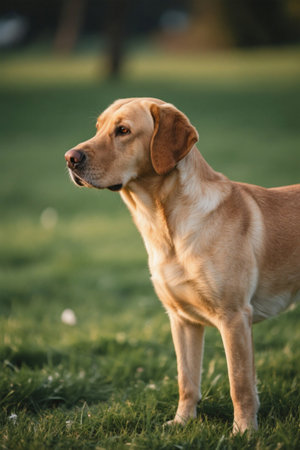 A dog standing on the grass looking at what pictureの素材