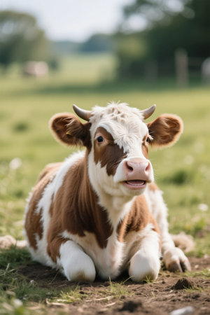 A brown and white picture of a cow is placed on the meadowの素材