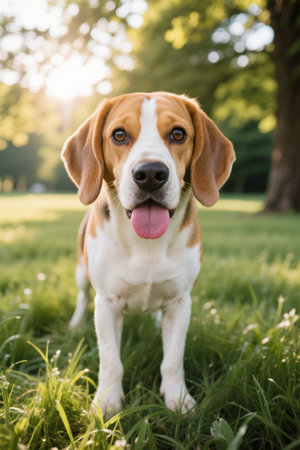 Picture of a dog standing on the grass with his tongue outの素材