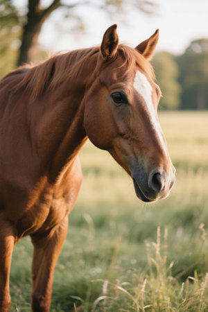 Picture of a brown horse standing on the grassの素材