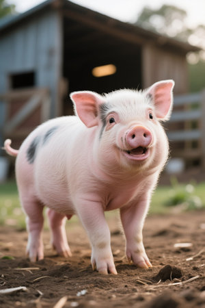 Picture of a piglet standing in the dirt near the barnの素材