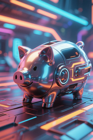 Picture of a shiny piggy bank sitting on the keyboardの素材