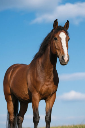 Picture of a brown horse standing in a field in a blue skyの素材