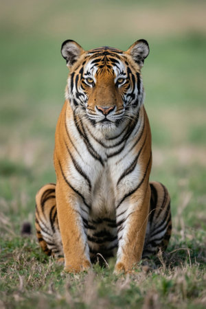 A tiger sitting in the grass looking at the camera pictureの素材