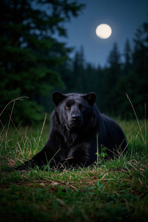 Picture of a black bear lying down in the grassの素材