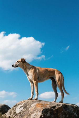 Picture of a dog standing on a rock on a sunny dayの素材