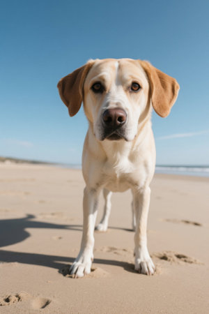 A dog stands on the beach looking at the camera pictureの素材