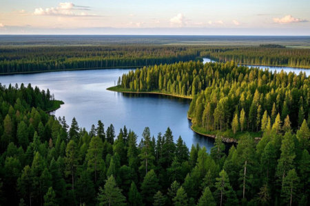 The reflection of a quiet forest lake, the tranquil beauty of a green forestの素材