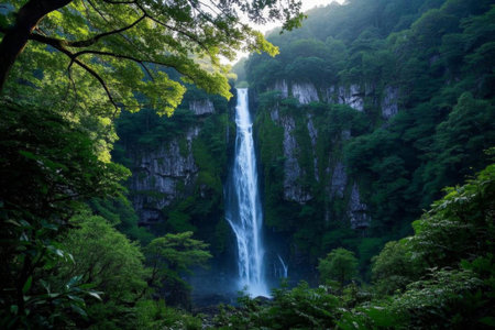 Flying down three thousand feet, a magnificent waterfall in a secret place in the mountainsの素材