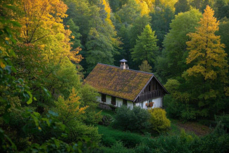 The quiet time of the forest hut in autumn, the fairy tale artistic conception of the forest hutの素材