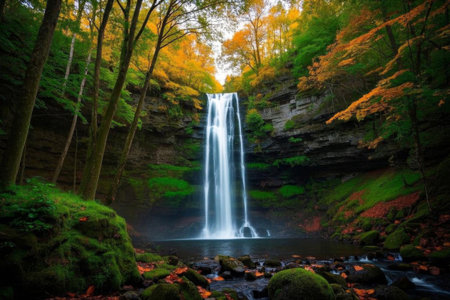 A poetic picture of a waterfall in autumn, a natural wonder that flies downの素材
