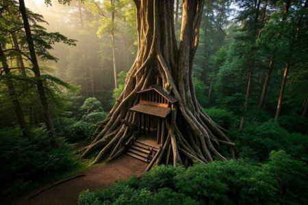 A secret place of tree houses deep in the forest, a fairy tale hut guarded by giant treesの素材