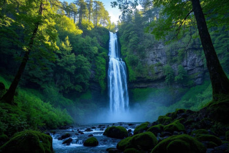 A magnificent waterfall flowing down, a natural wonder full of greeneryの素材