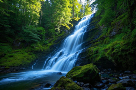A forest wonderland with flying water, a wonder of green waterfallsの素材