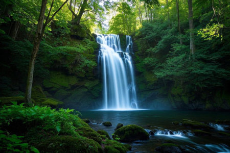 The secret waterfall deep in the green forest flows down three thousand feetの素材